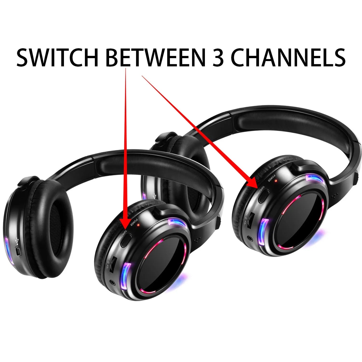 Black silent disco wireless headphones with head-mounted design showing 40mm drivers and 3.5mm plug connection