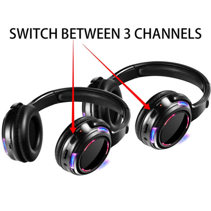 Black silent disco wireless headphones with head-mounted design showing 40mm drivers and 3.5mm plug connection