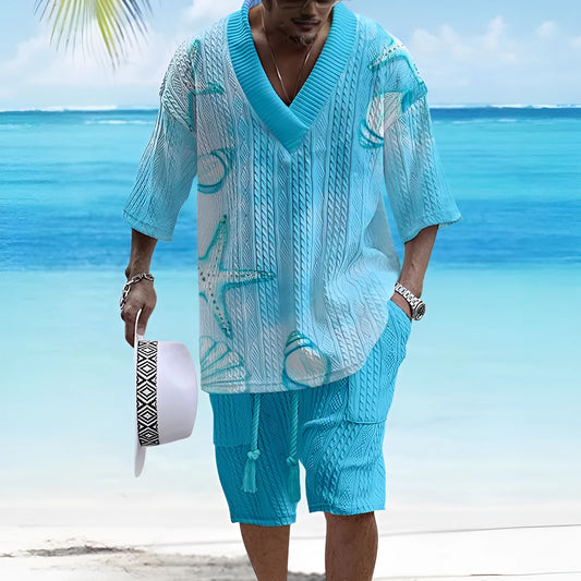 Man wearing a loose blue short sleeve suit jacket and matching casual shorts.