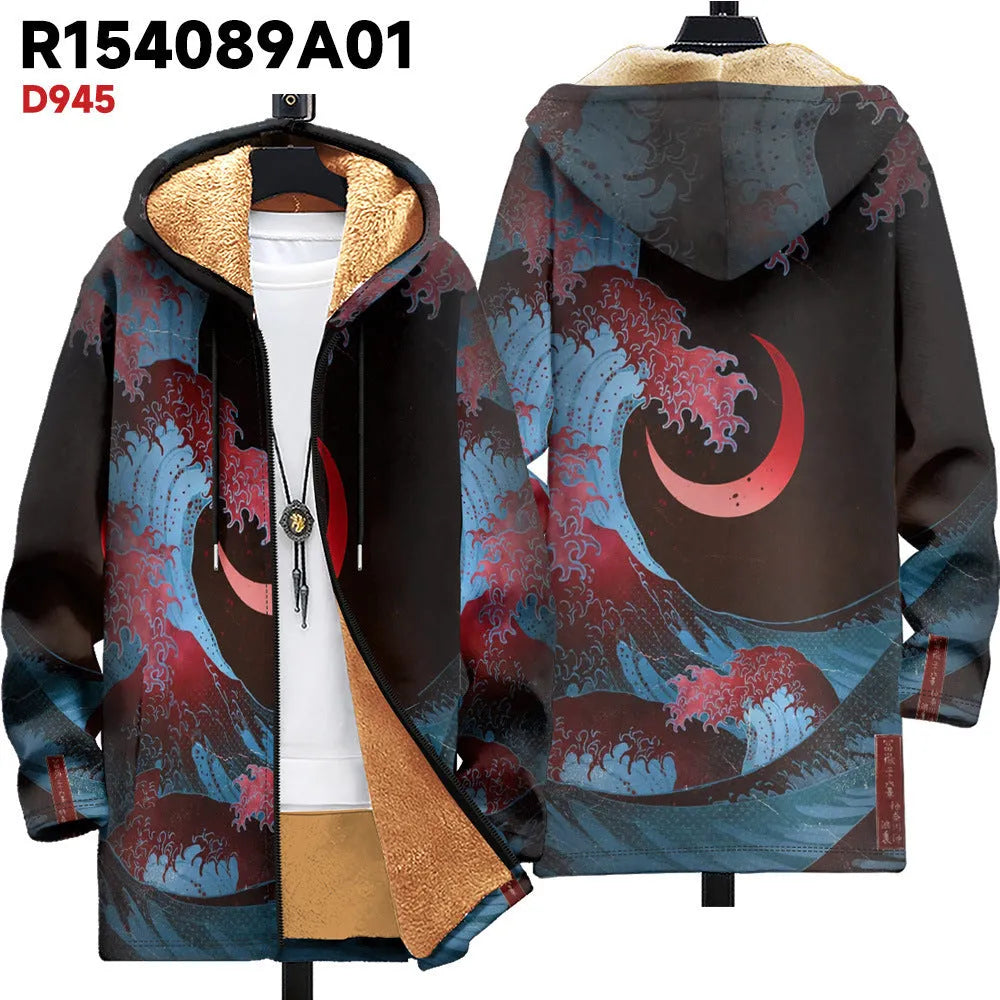 Men's multicolour printed hooded cardigan jacket with front zipper in loose casual fit