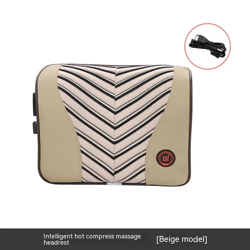Black and orange electric massage heating car headrest and lumbar support cushion on a vehicle seat.