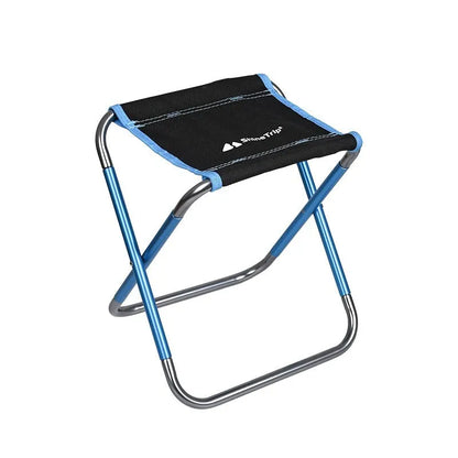 Black ethnic style folding stool with aluminium alloy frame in folded and unfolded positions