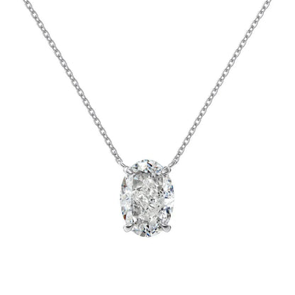 Close-up of a geometric oval ice flower pendant necklace in sterling silver with a choice of platinum or gold tone finish.