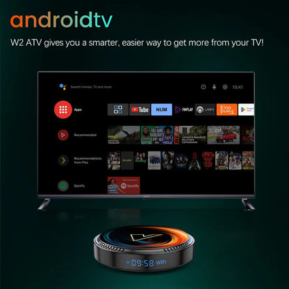 Black W2 ATV Android TV Box with AndroidTV 11, Amlogic S905W2, dual WiFi, HDMI 2.1, and 2.4G remote control