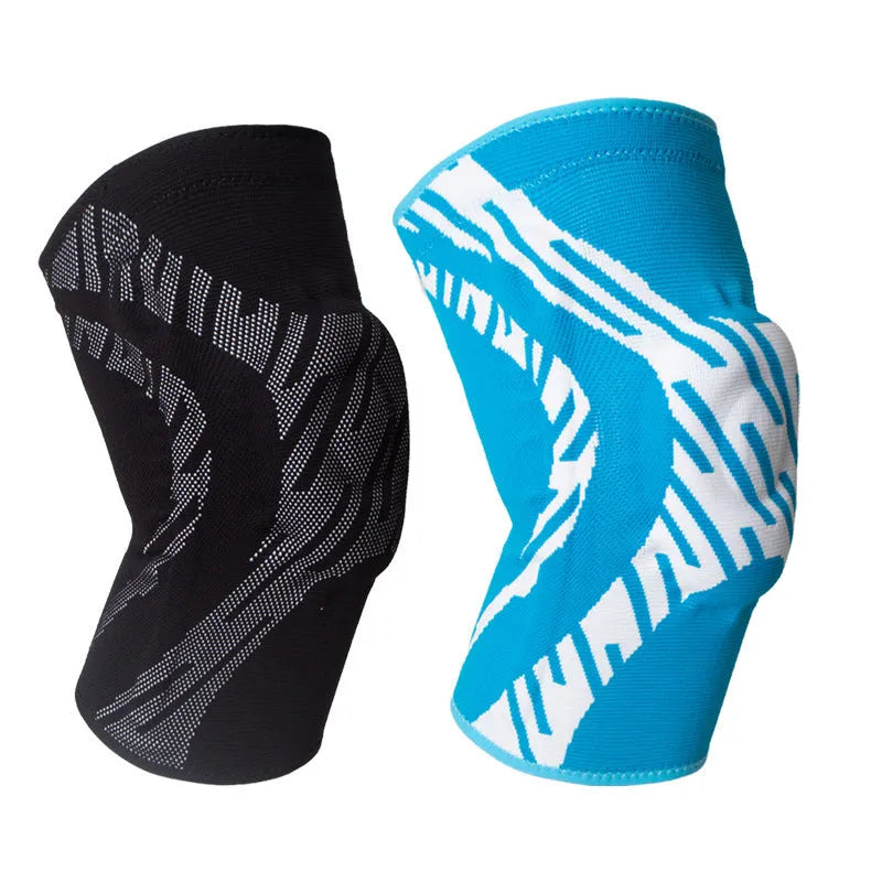 Pressurised basketball kneepads in black and blue colours showing adjustable compression design for knee protection