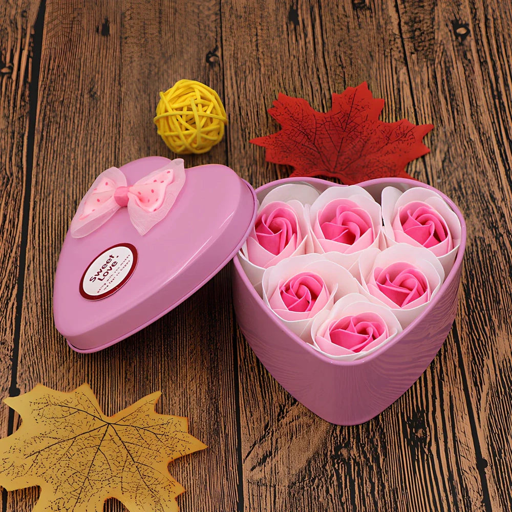 Handmade soap flower gift box in red heart-shaped tin with three blooms and bear, 12x12x5 cm for Valentine's Day