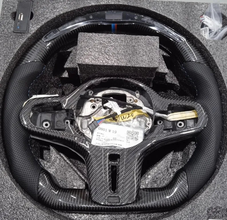 Black carbon fibre LED sports steering wheel for BMW X3 and X5 with heating function