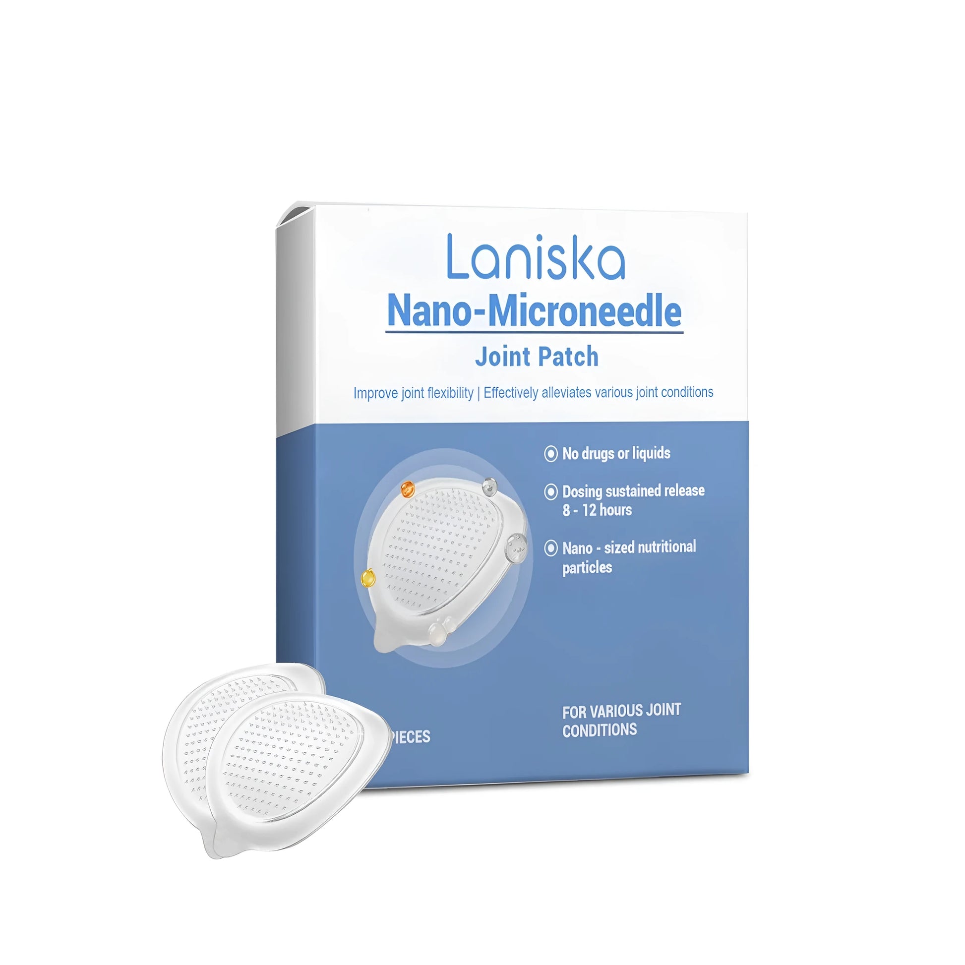 Four nano-microneedle joint patches on clear PE backing strips.