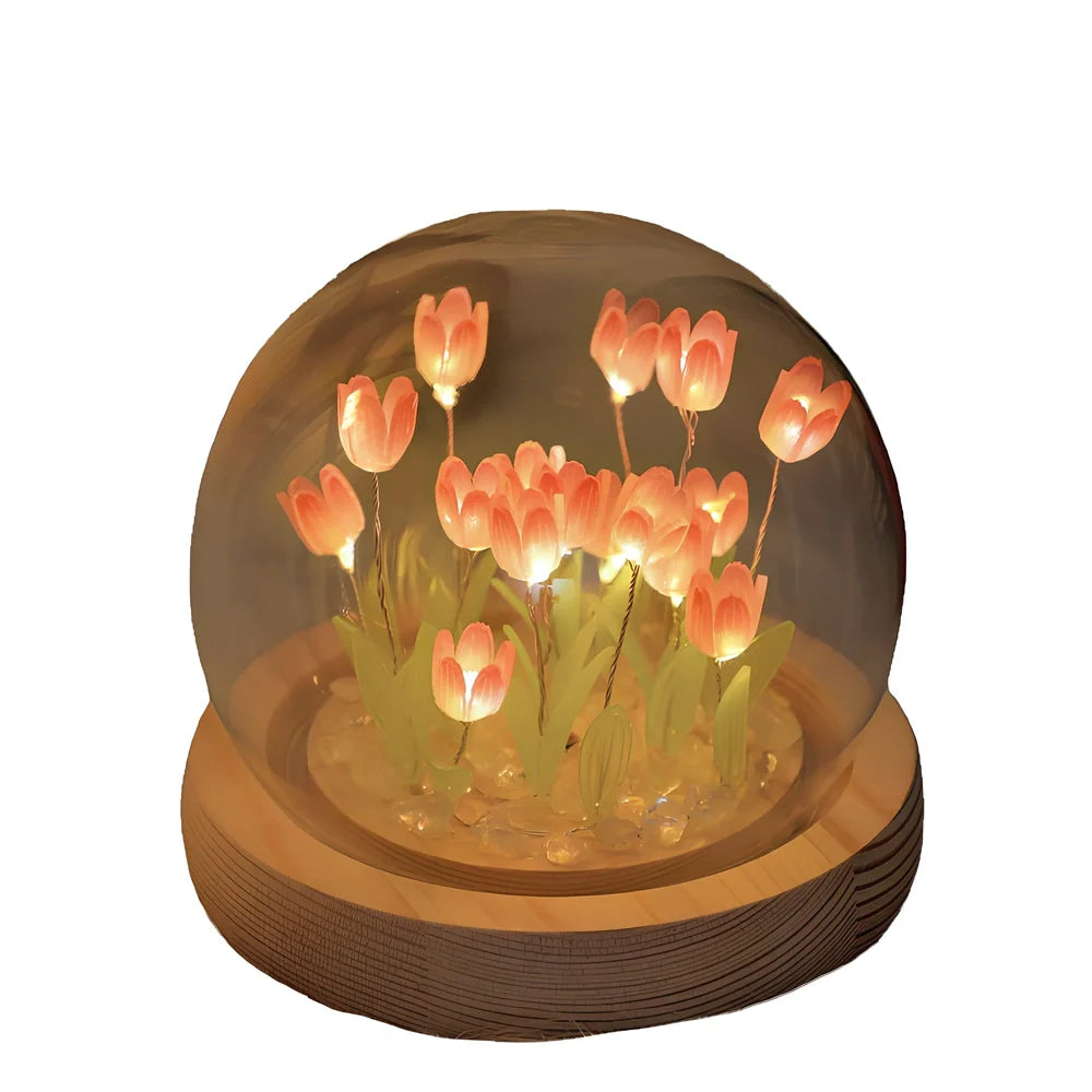 Handmade tulip night light with glass lampshade and adjustable heat shrinkable film flowers in blue, pink, or purple