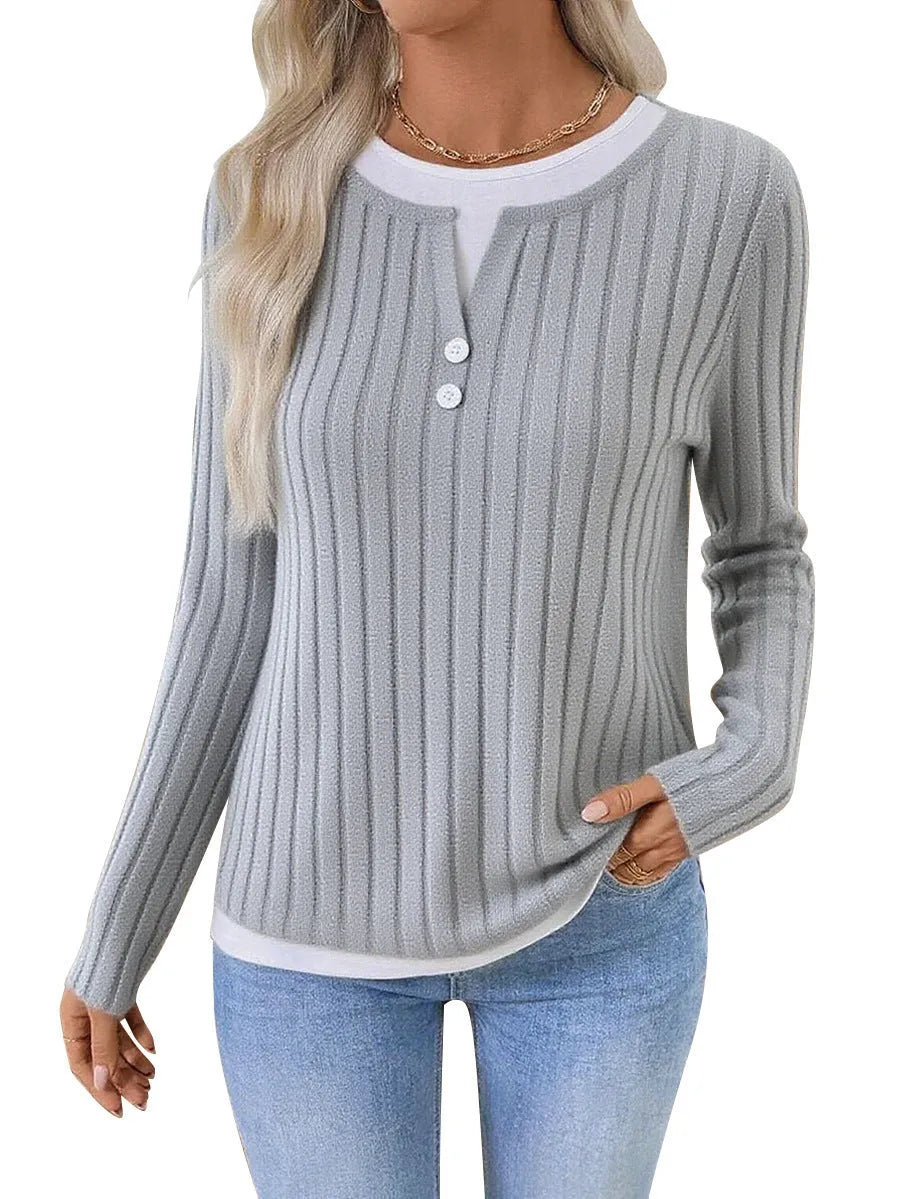 Women's concave stripe pullover sweater with fake two-piece design and button front in street fashion style