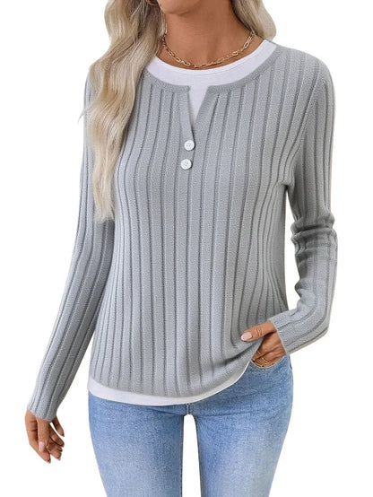 Women's concave stripe pullover sweater with fake two-piece design and button front in street fashion style