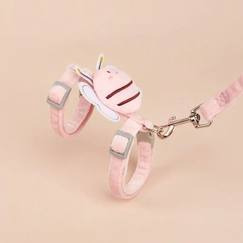 Adjustable teddy bee shaped polyester cat leash in pink, yellow and blue colours