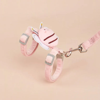 Adjustable teddy bee shaped polyester cat leash in pink, yellow and blue colours