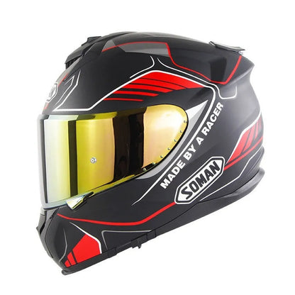 Motorcycle full face helmet with double lens in ABS construction showing colour variant options
