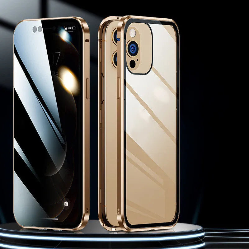 Double sided magnetic glass phone case in silicone for iPhone, available in black, red, silver, gold, dark green, emerald green and blue.