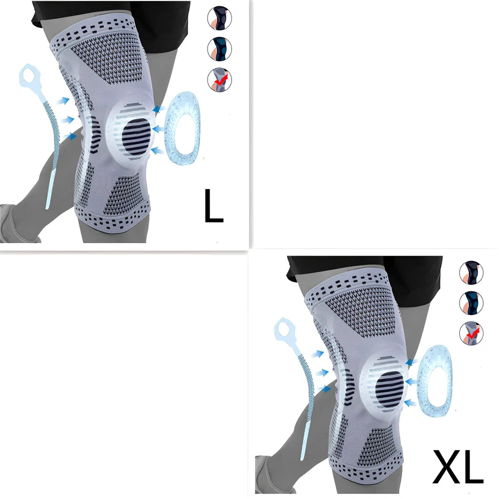Grey basketball knee pad showing half-moon shape and silicone grip strips for court protection