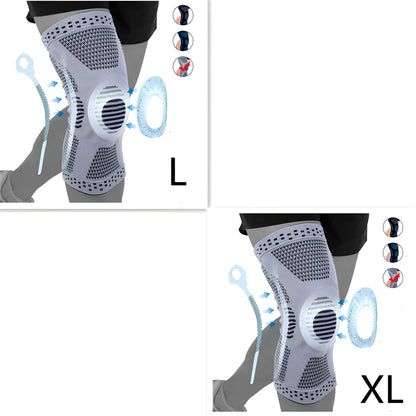 Grey basketball knee pad showing half-moon shape and silicone grip strips for court protection