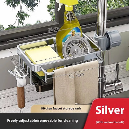 Aluminum sink faucet storage rack with rotatable design and towel hook