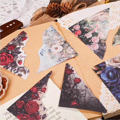 DIY craft set with 20 floral note sheets and matching printed bookmarks in six colours.