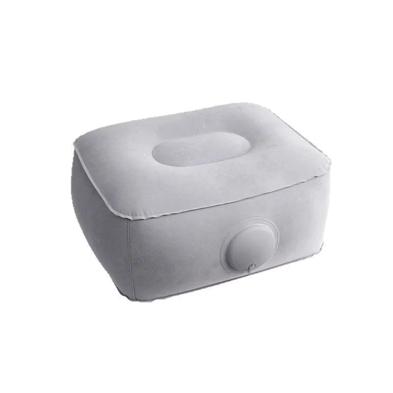 Blue press inflatable seat cushion showing flocked texture, deflated and folded next to an inflated state.