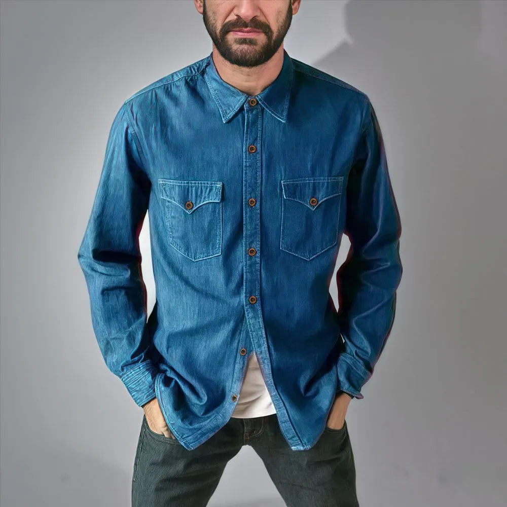 Denim cardigan coat in cotton fabric showing front opening and regular fit design