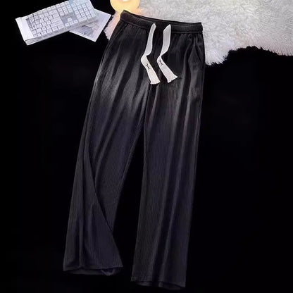 Men's loose-fit straight-leg casual trousers in black cotton ice silk fabric