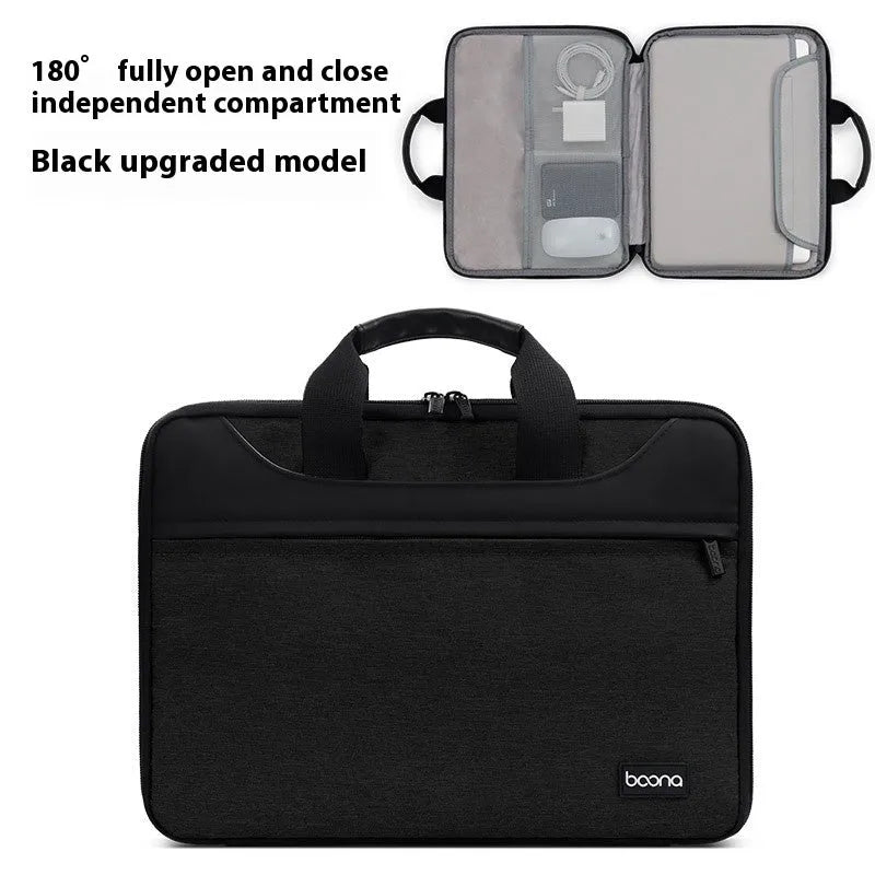 Black full zip opening Oxford cloth laptop bag for business travel with a soft carry handle.