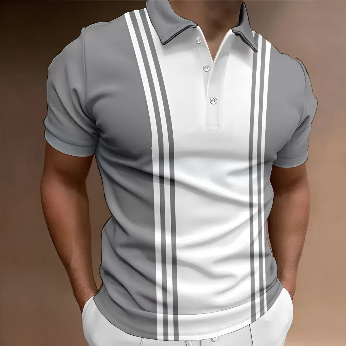 Men's loose fit casual t-shirt with a 3-button printed lapel and short sleeves in blue.