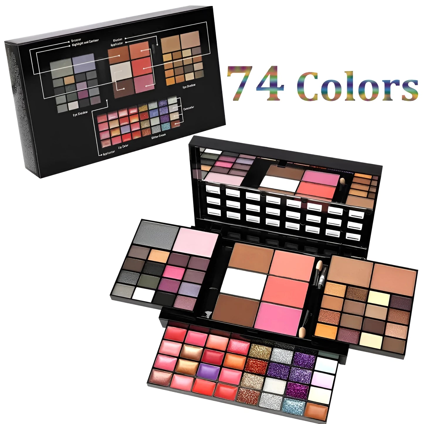 74 colour makeup palette open to show eyeshadows, lip glosses, and face powders with included brushes