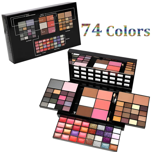 74 colour makeup palette open to show eyeshadows, lip glosses, and face powders with included brushes