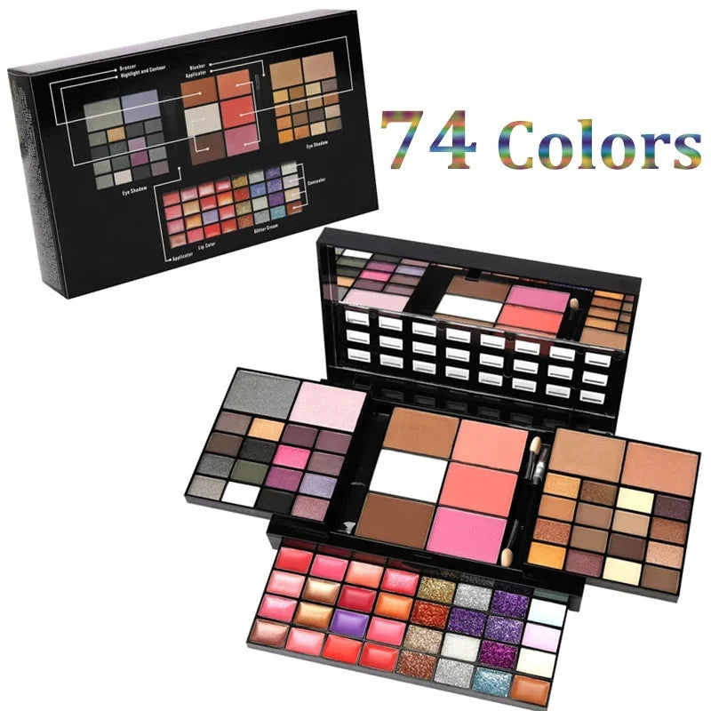 74-color makeup set with lip gloss, blush, eyeshadow, and highlight combination in a compact package