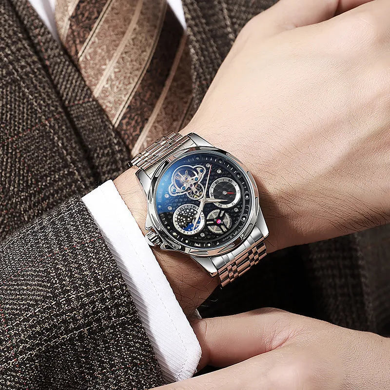 Men's automatic watch with luminous hands, 13mm thickness, available in black or white steel and leather strap options