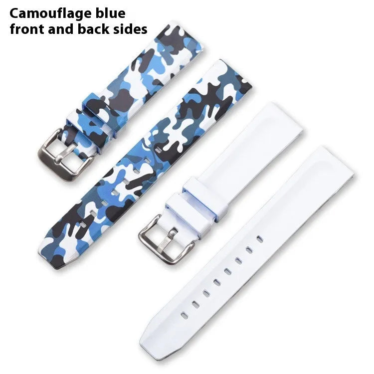Camouflage pattern silicone watch strap showing blue, grey, and green options with flat head connectors