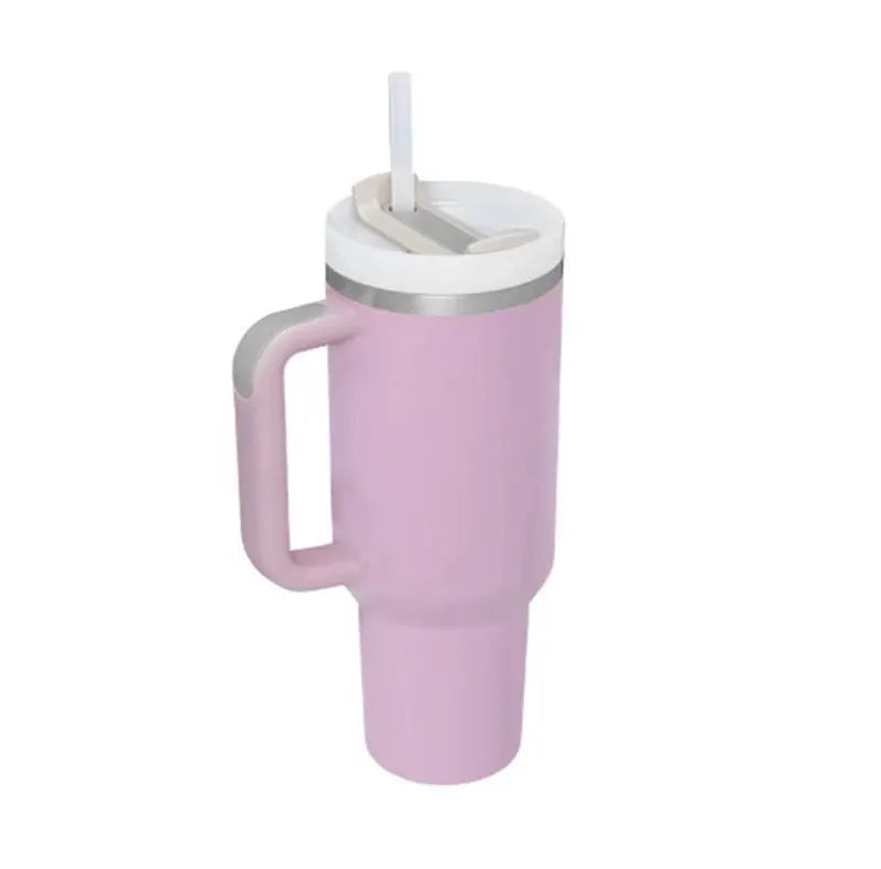 40 oz stainless steel insulated tumbler with handle and straw in tapered mug design