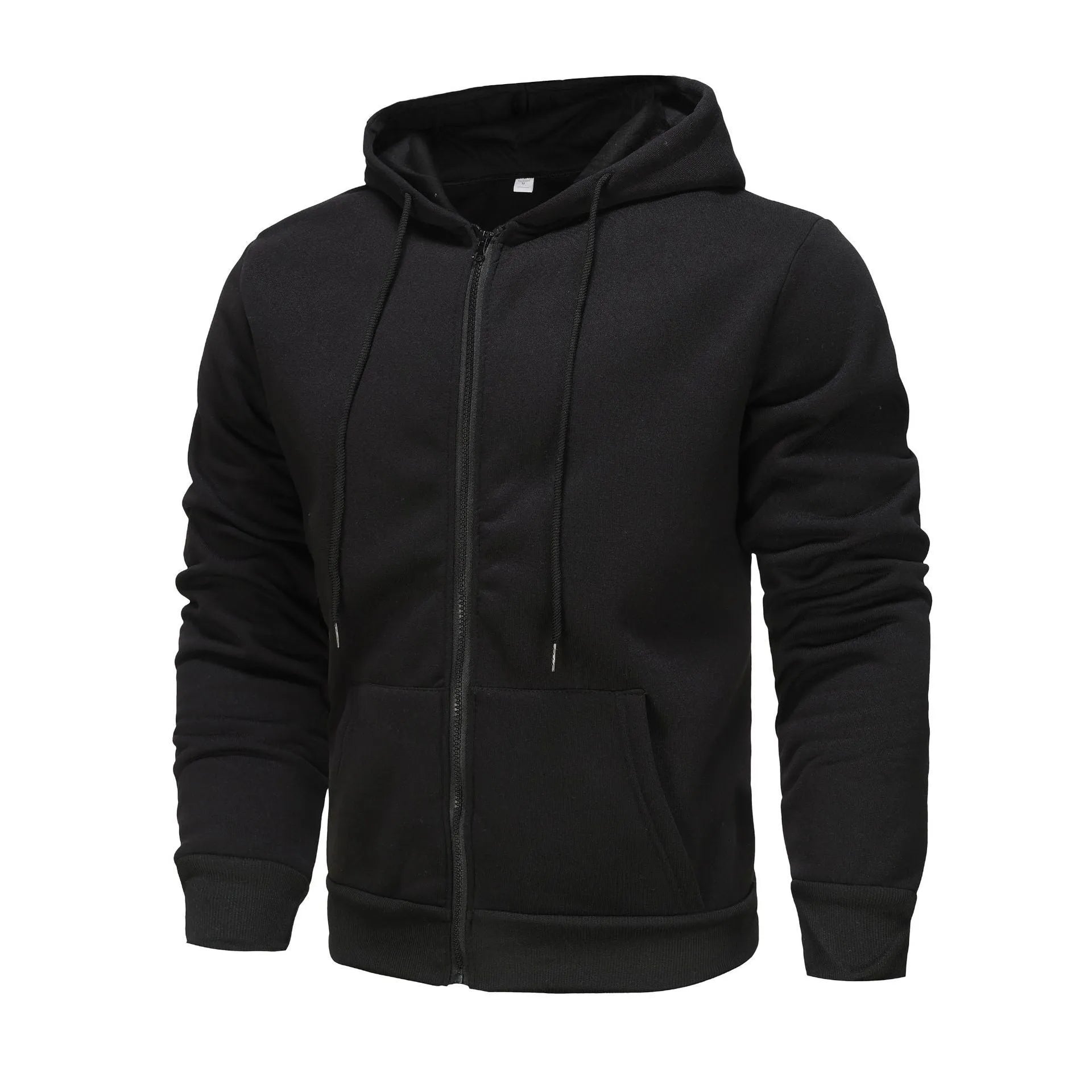 Men's black zip-up hoodie cardigan with a fleece lining, shown with the hood up.