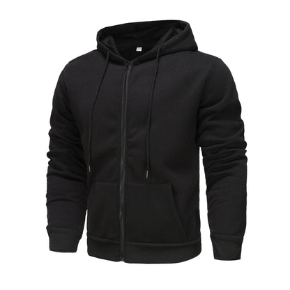 Men's black zip-up hoodie cardigan with a fleece lining, shown with the hood up.