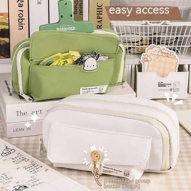 Canvas pencil case with large capacity storing about 80 pens, Korean-style stationery bag for students with simple design available in green, beige, blue and grey colours