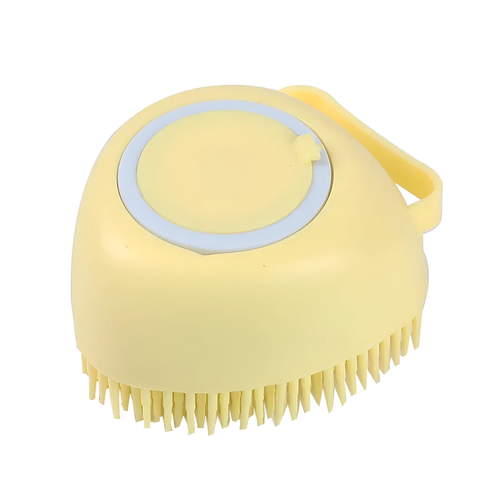 Blue silicone dog bath and massage brush held in a hand.