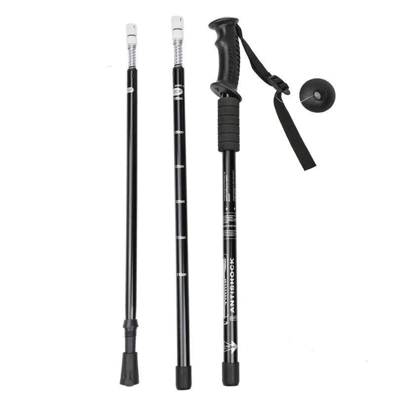 Aluminium alloy telescopic trekking pole extended with straight handle, shown with accessory tips including foot cover and snow holder.