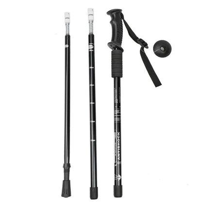 Aluminium alloy telescopic trekking pole extended with straight handle, shown with accessory tips including foot cover and snow holder.