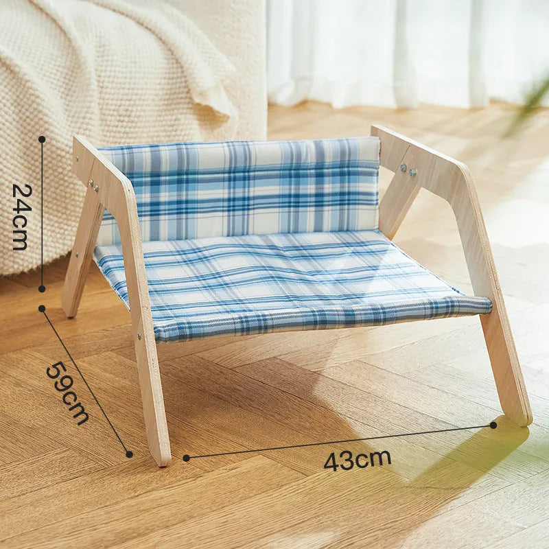 Wooden elevated cat hammock bed with soft fabric insert in blue or green colour options