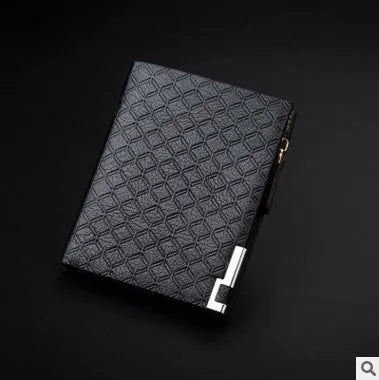 Men's short business wallet in PU leather with embossed plaid pattern, 12 x 9.5cm, black or coffee