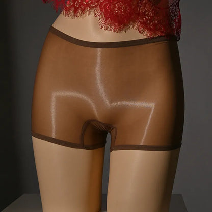 Shiny men's nylon underwear stockings in red, black, grey, white, fair skin, natural skin, and brown colours on a mid waist.