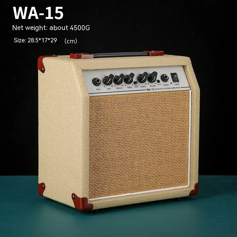 Small easy to carry guitar audio speaker, metal plastic, 25x8x26cm, model GA-10, portable musical instrument speaker