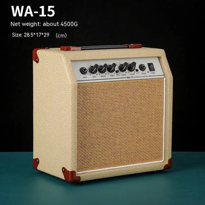 Small easy to carry guitar audio speaker, metal plastic, 25x8x26cm, model GA-10, portable musical instrument speaker