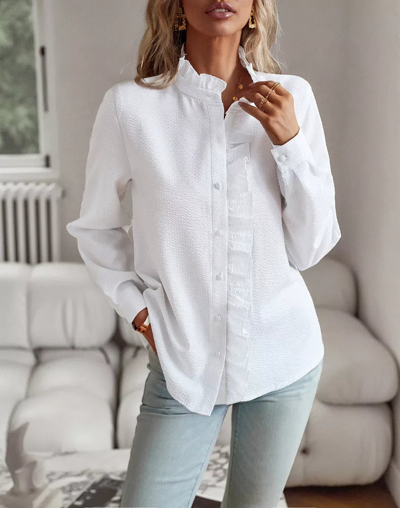 Women's striped long sleeve shirt with elegant ruffle design in white, pink, black, and blue