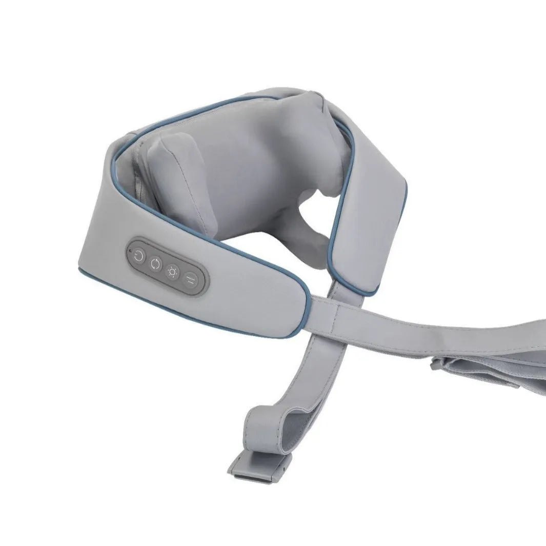 Shoulder and neck massager with hot compress, six vibration caps, three gears, 10 minute timer, PU leather, beige or grey.