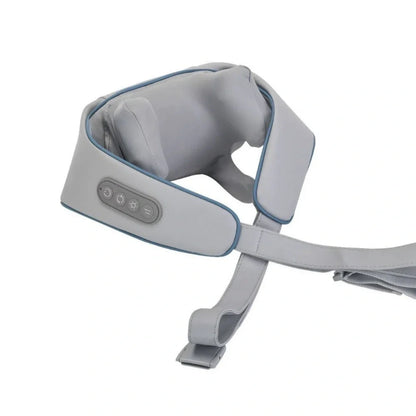 Beige neck massager with 6 vibration caps showing infrared heating function and wireless remote control