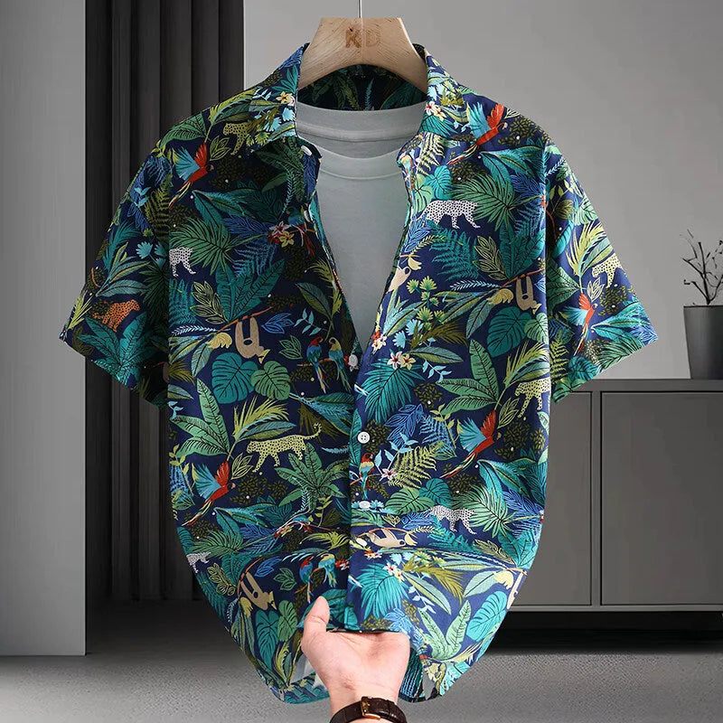 Men's Hawaiian style cotton summer shirt with floral printed pattern in cardigan design