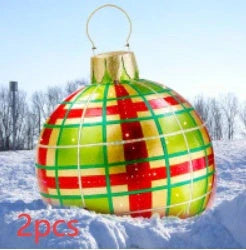 Vibrant, inflatable 60cm Christmas ball decorations in various patterns and colors for indoor and outdoor holiday display